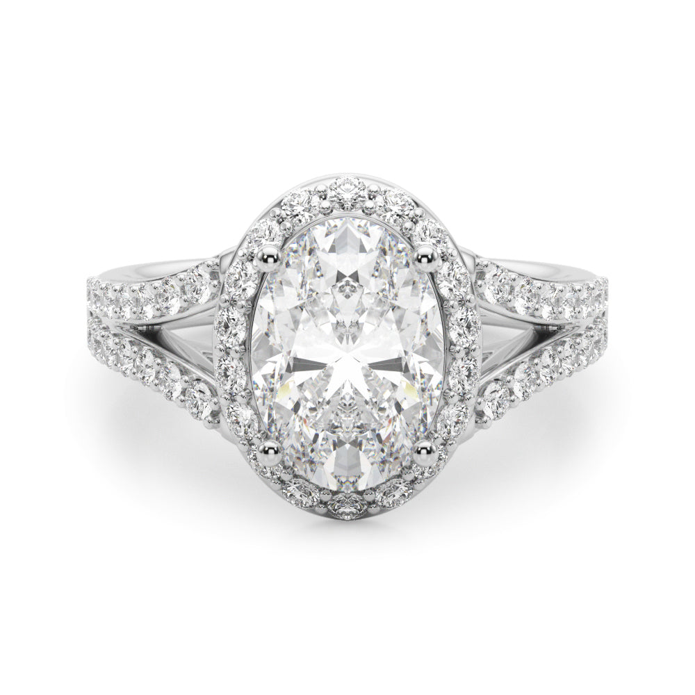 Splendid Halo Oval Center Split Shank Oval Diamond Engagement Ring in 10K/14K gold and platinum with certified lab-grown or natural diamonds