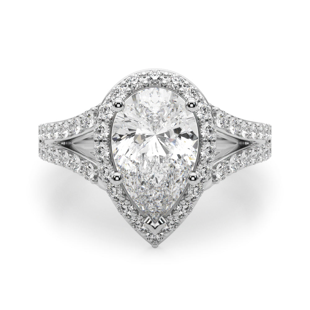 Enchanted Halo Ps Center Split Shank Pear Diamond Engagement Ring in 10K/14K gold and platinum with certified lab-grown or natural diamonds