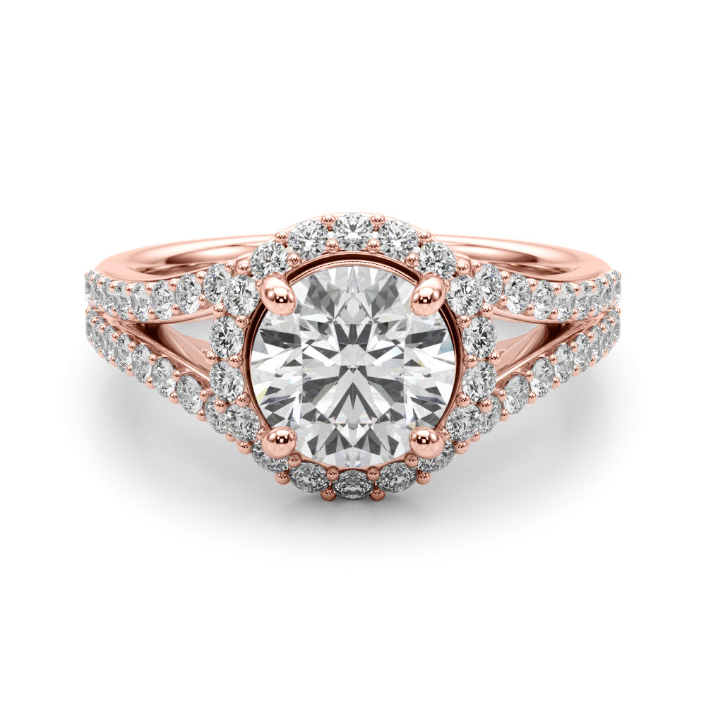 Pristine Halo Rd Center Split Shank Round Diamond Engagement Ring in 10K/14K gold and platinum with certified lab-grown or natural diamonds