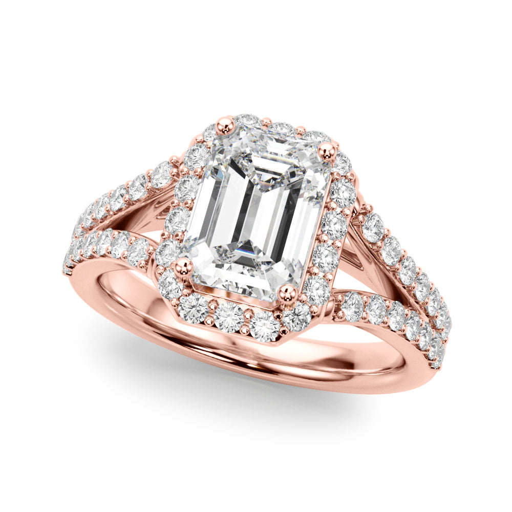 Devoted Halo Ec Center Split Shank Emerald Diamond Engagement Ring in 10K/14K gold and platinum with certified lab-grown or natural diamonds