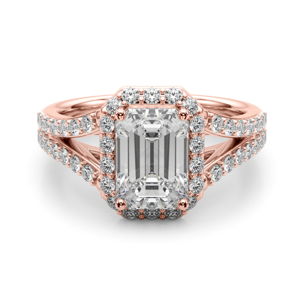 Devoted Halo Ec Center Split Shank Emerald Diamond Engagement Ring in 10K/14K gold and platinum with certified lab-grown or natural diamonds