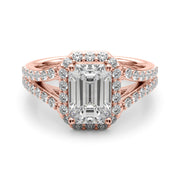 Devoted Halo Ec Center Split Shank Emerald Diamond Engagement Ring in 10K/14K gold and platinum with certified lab-grown or natural diamonds