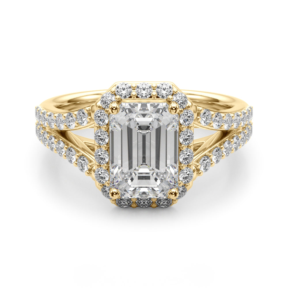 Devoted Halo Ec Center Split Shank Emerald Diamond Engagement Ring in 10K/14K gold and platinum with certified lab-grown or natural diamonds