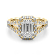 Devoted Halo Ec Center Split Shank Emerald Diamond Engagement Ring in 10K/14K gold and platinum with certified lab-grown or natural diamonds