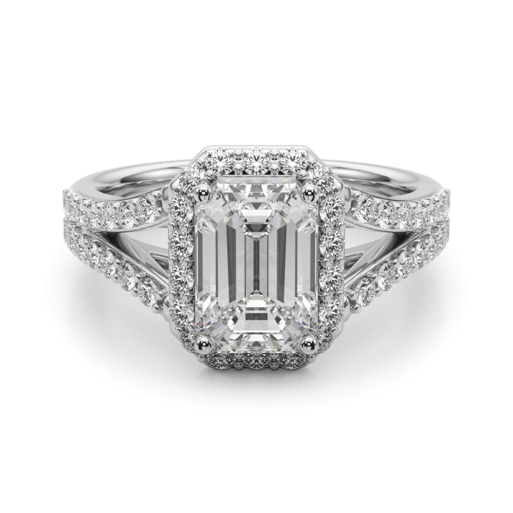 Devoted Halo Ec Center Split Shank Emerald Diamond Engagement Ring in 10K/14K gold and platinum with certified lab-grown or natural diamonds