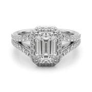 Devoted Halo Ec Center Split Shank Emerald Diamond Engagement Ring in 10K/14K gold and platinum with certified lab-grown or natural diamonds