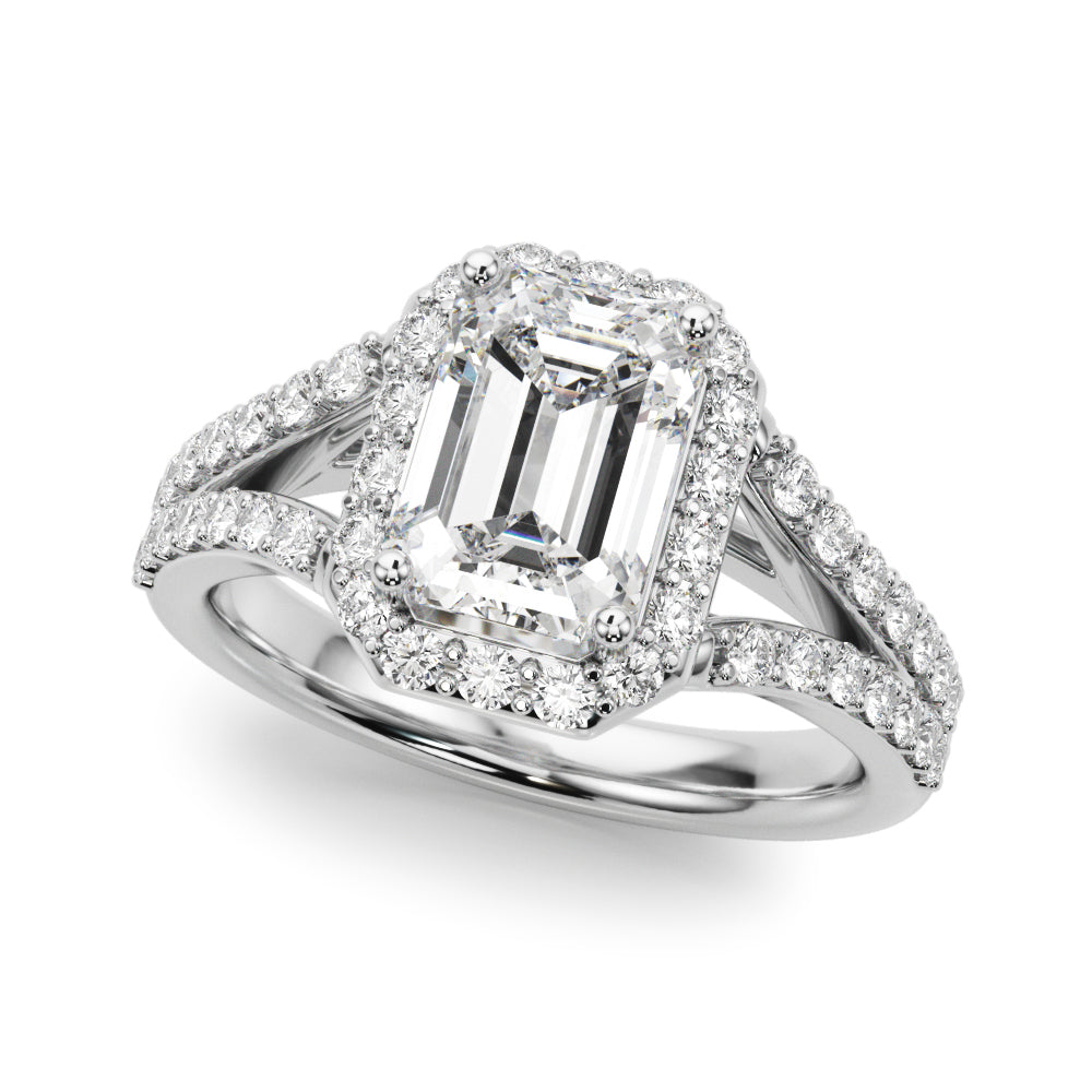 Devoted Halo Ec Center Split Shank Emerald Diamond Engagement Ring in 10K/14K gold and platinum with certified lab-grown or natural diamonds