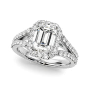Devoted Halo Ec Center Split Shank Emerald Diamond Engagement Ring in 10K/14K gold and platinum with certified lab-grown or natural diamonds
