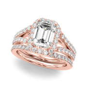 Devoted Halo Ec Center Split Shank Emerald Diamond Engagement Ring in 10K/14K gold and platinum with certified lab-grown or natural diamonds