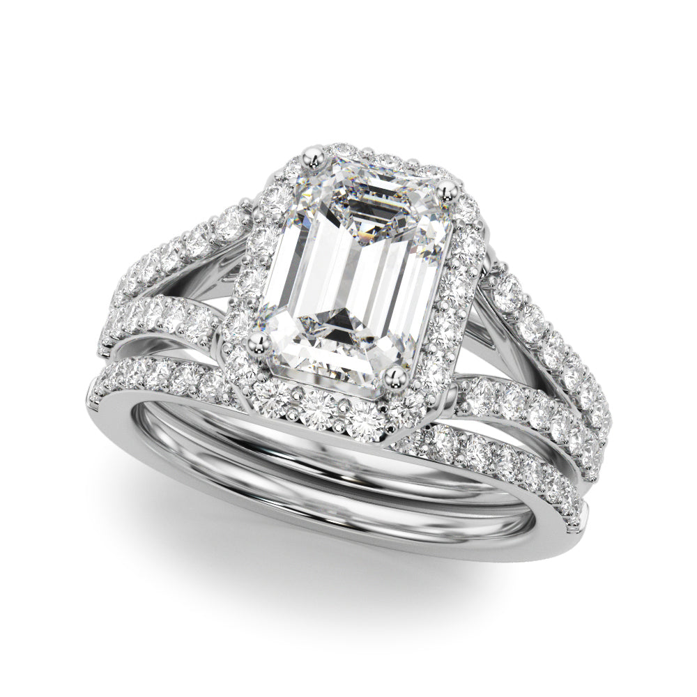 Devoted Halo Ec Center Split Shank Emerald Diamond Engagement Ring in 10K/14K gold and platinum with certified lab-grown or natural diamonds