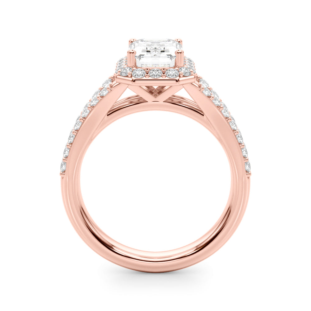 Devoted Halo Ec Center Split Shank Emerald Diamond Engagement Ring in 10K/14K gold and platinum with certified lab-grown or natural diamonds