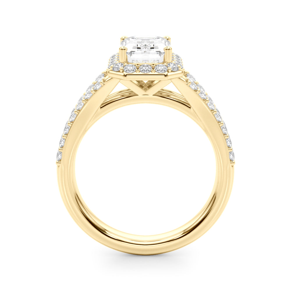 Devoted Halo Ec Center Split Shank Emerald Diamond Engagement Ring in 10K/14K gold and platinum with certified lab-grown or natural diamonds