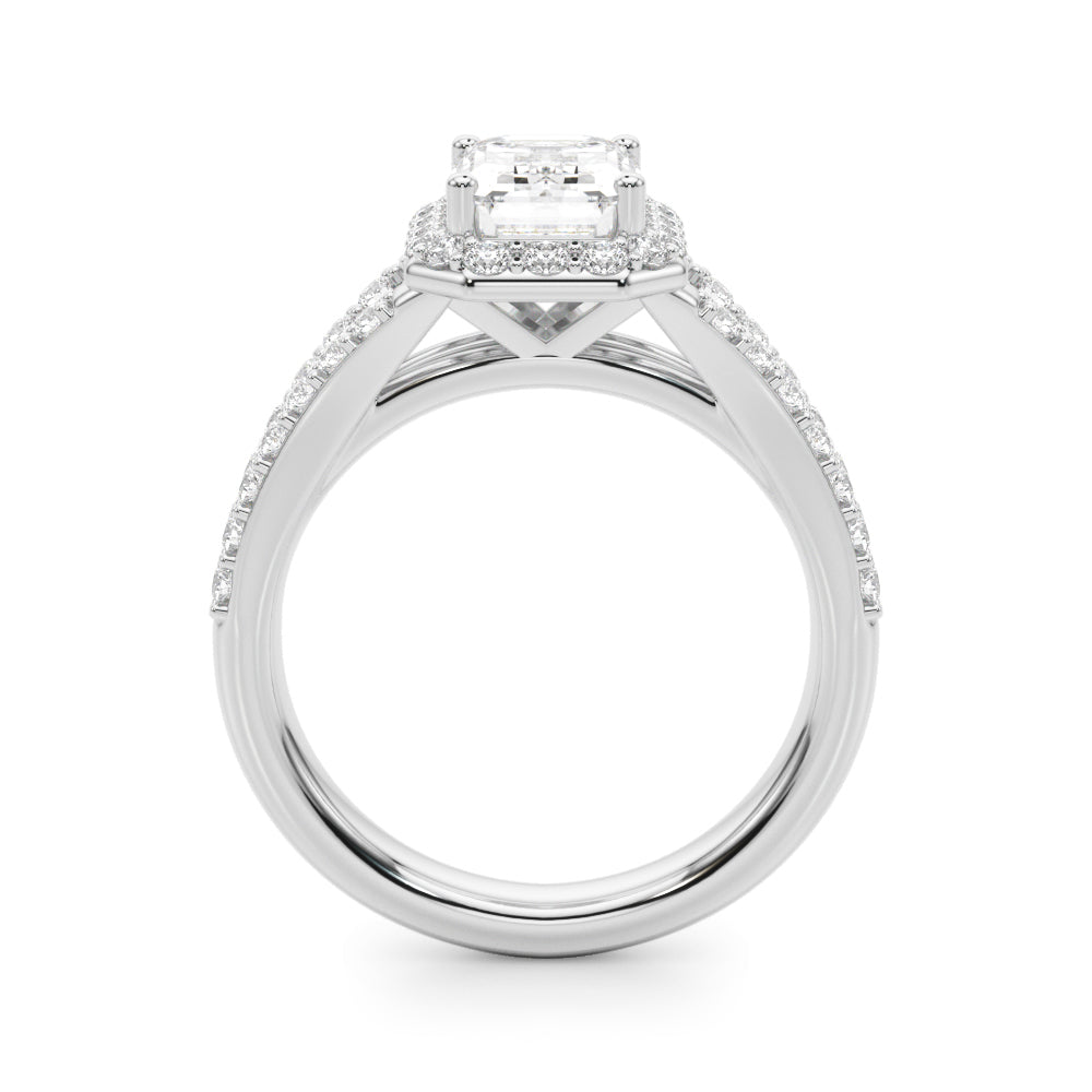 Devoted Halo Ec Center Split Shank Emerald Diamond Engagement Ring in 10K/14K gold and platinum with certified lab-grown or natural diamonds