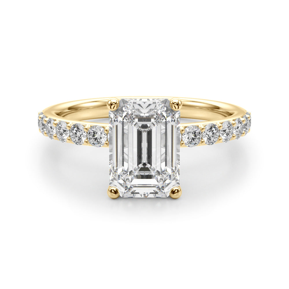 Opulent Sidestone Emerald Diamond Engagement Ring in 10K/14K gold and platinum with certified lab-grown or natural diamonds