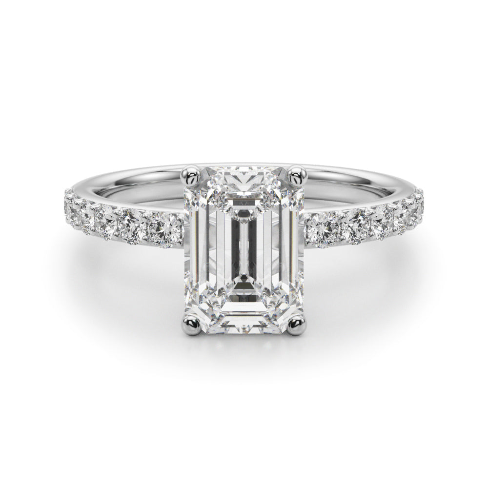 Opulent Sidestone Emerald Diamond Engagement Ring in 10K/14K gold and platinum with certified lab-grown or natural diamonds
