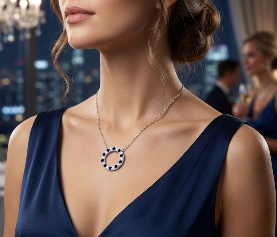 Blue Sapphire & Diamond Eternity Circle Pendant Necklace in in 10K/14K gold and platinum with certified lab-grown or natural diamonds