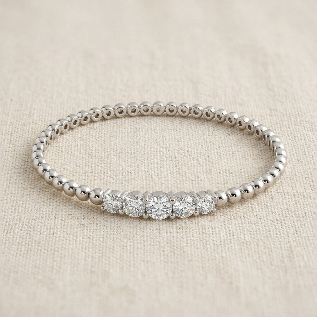 Platinum Natural Round Cut Five Stone Diamond Prong Set Beaded Style Fancy Bangle in 10K/14K gold and platinum with certified lab-grown or natural diamonds