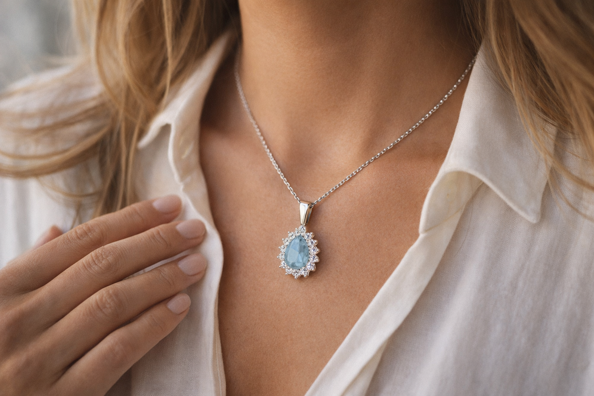 Pear Aquamarine & Diamond Cluster Pendant in in 10K/14K gold and platinum with certified lab-grown or natural diamonds