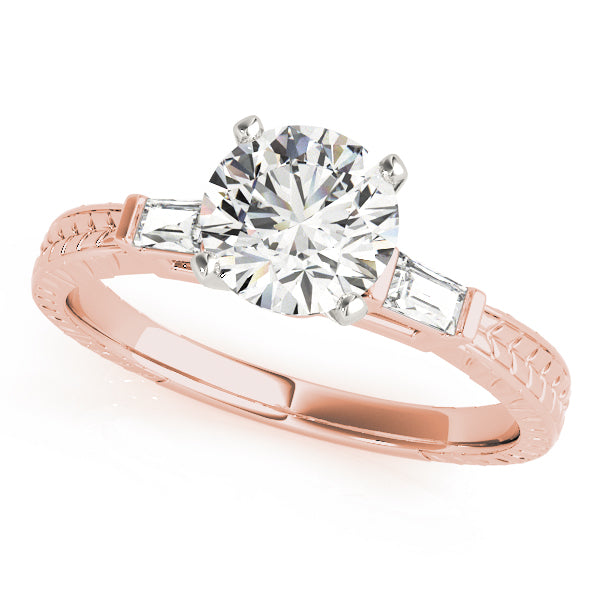 Round Diamond Ring with Baguette Side Stones in 10K/14K gold and platinum with certified lab-grown or natural diamonds