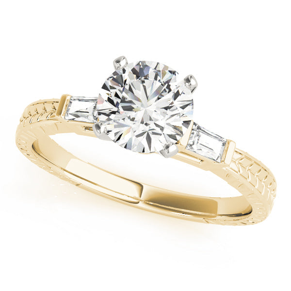 Round Diamond Ring with Baguette Side Stones in 10K/14K gold and platinum with certified lab-grown or natural diamonds