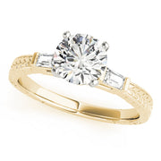 Round Diamond Ring with Baguette Side Stones in 10K/14K gold and platinum with certified lab-grown or natural diamonds