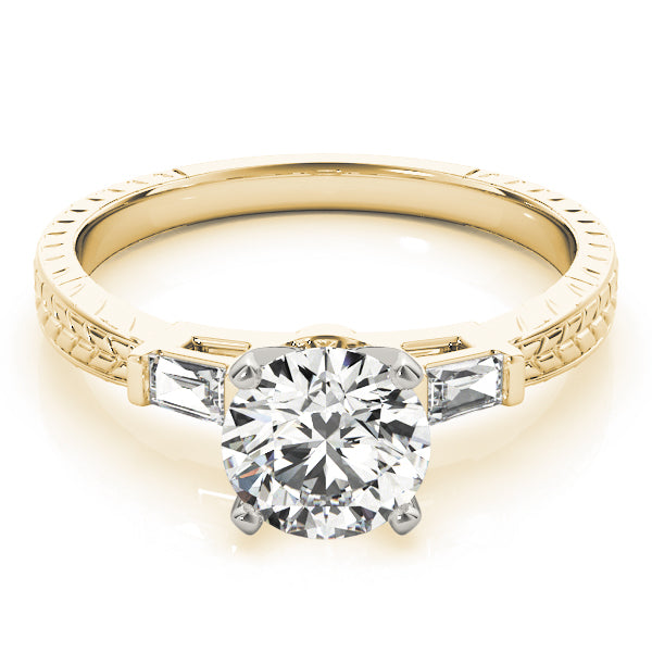 Round Diamond Ring with Baguette Side Stones in 10K/14K gold and platinum with certified lab-grown or natural diamonds