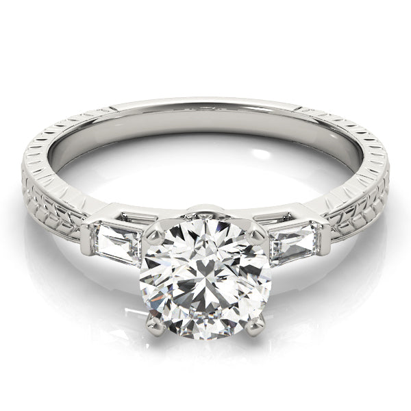 Round Diamond Ring with Baguette Side Stones in 10K/14K gold and platinum with certified lab-grown or natural diamonds