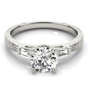 Round Diamond Ring with Baguette Side Stones in 10K/14K gold and platinum with certified lab-grown or natural diamonds