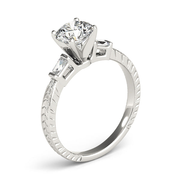 Round Diamond Ring with Baguette Side Stones in 10K/14K gold and platinum with certified lab-grown or natural diamonds