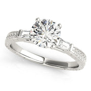 Round Diamond Ring with Baguette Side Stones in 10K/14K gold and platinum with certified lab-grown or natural diamonds