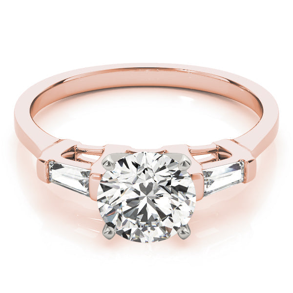 Romantic Three-Stone Baguette Round Diamond Engagement Ring in 10K/14K gold and platinum with certified lab-grown or natural diamonds