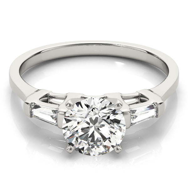 Romantic Three-Stone Baguette Round Diamond Engagement Ring in 10K/14K gold and platinum with certified lab-grown or natural diamonds