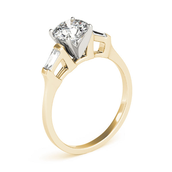 Romantic Three-Stone Baguette Round Diamond Engagement Ring in 10K/14K gold and platinum with certified lab-grown or natural diamonds