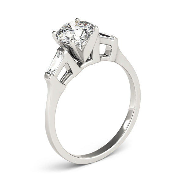 Romantic Three-Stone Baguette Round Diamond Engagement Ring in 10K/14K gold and platinum with certified lab-grown or natural diamonds
