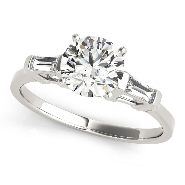 Romantic Three-Stone Baguette Round Diamond Engagement Ring in 10K/14K gold and platinum with certified lab-grown or natural diamonds