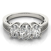 Oval Diamond Trilogy Ring with Textured Band in 10K/14K gold and platinum with certified lab-grown or natural diamonds