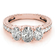Oval Diamond Trilogy Ring with Diamond Shoulders in 10K/14K gold and platinum with certified lab-grown or natural diamonds