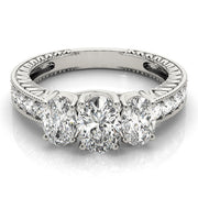 Oval Diamond Trilogy Ring with Diamond Shoulders in 10K/14K gold and platinum with certified lab-grown or natural diamonds