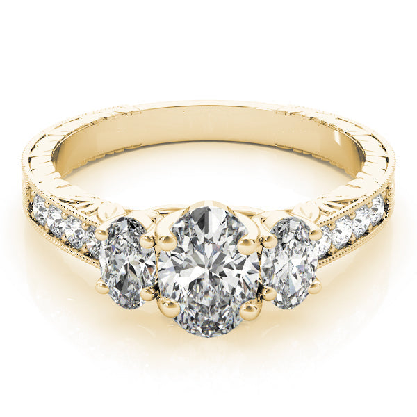 Vintage-Inspired Three-Stone Oval Diamond Engagement Ring in 10K/14K gold and platinum with certified lab-grown or natural diamonds