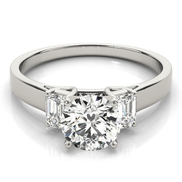 Round Diamond Ring with Emerald Side Stones in 10K/14K gold and platinum with certified lab-grown or natural diamonds