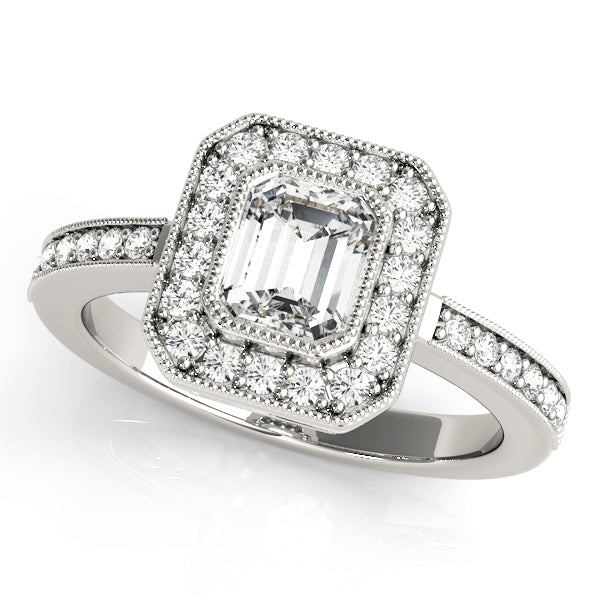 Cherished Halo Emerald Diamond Engagement Ring in 10K/14K gold and platinum with certified lab-grown or natural diamonds