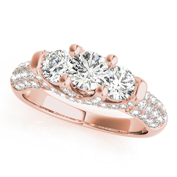Diamond Halo Three Stone Engagement Ring in 10K/14K gold and platinum with certified lab-grown or natural diamonds