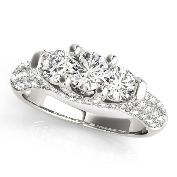 Diamond Halo Three Stone Engagement Ring in 10K/14K gold and platinum with certified lab-grown or natural diamonds
