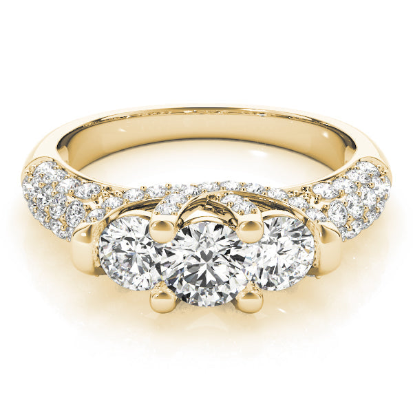 Diamond Halo Three Stone Engagement Ring in 10K/14K gold and platinum with certified lab-grown or natural diamonds