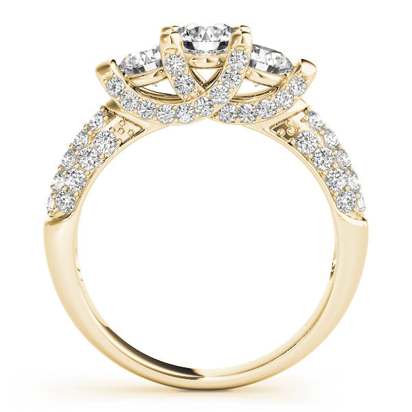 Diamond Halo Three Stone Engagement Ring in 10K/14K gold and platinum with certified lab-grown or natural diamonds