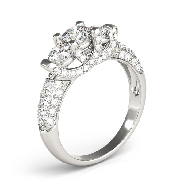 Diamond Halo Three Stone Engagement Ring in 10K/14K gold and platinum with certified lab-grown or natural diamonds