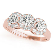 Halo Three Stone Round Diamond Ring in 10K/14K gold and platinum with certified lab-grown or natural diamonds