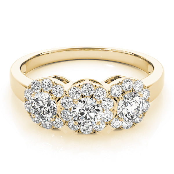 Halo Three Stone Round Diamond Ring in 10K/14K gold and platinum with certified lab-grown or natural diamonds