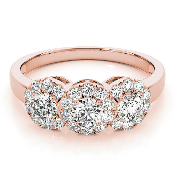 Halo Three Stone Round Diamond Ring in 10K/14K gold and platinum with certified lab-grown or natural diamonds