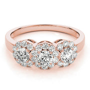 Halo Three Stone Round Diamond Ring in 10K/14K gold and platinum with certified lab-grown or natural diamonds